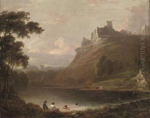 A Wooded River Landscape With A
Ruined Castle On A Hill, Figures Bathing In The Foreground, And A Town
Beyond by Richard Wilson
