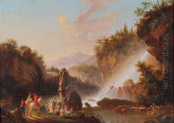 Anextensive Mountainous Landscape With Travellers And Waterfall - view 1