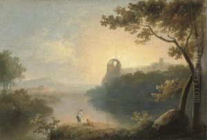 An Extensive Wooded River 
Landscape, With Figures And A Dog In The Foreground, Ruins Beyond