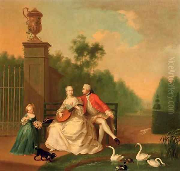 An elegant couple on a bench by a pond with swans and ducks, a girl by their side, in a park landscape - view 1