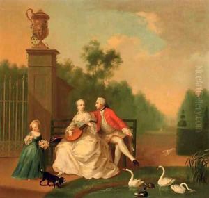 An elegant couple on a bench by a pond with swans and ducks, a girl by their side, in a park landscape