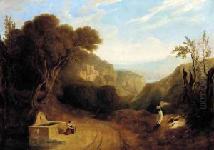 An italianate landscape with figures on a path