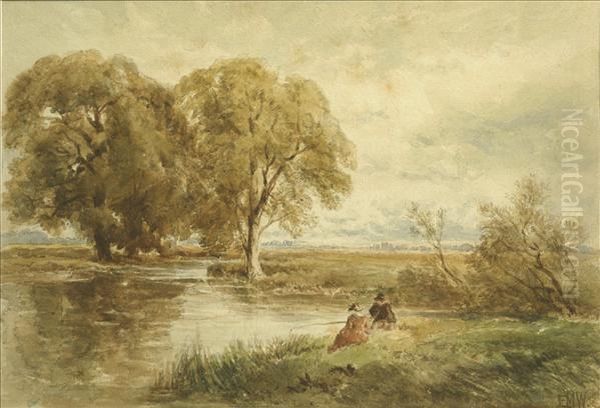 A River Landscape With Two Figures Fishing - view 1