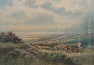 An Extensive View Of The South Downs With Loggers Removing A Trunk By Horse Drawn Cart