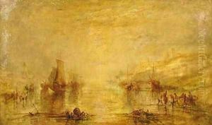 Fisherfolk on the beach with a castle beyond by Joseph Mallord William Turner