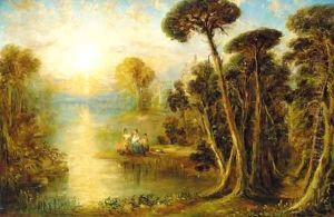 Ladies in a classical river landscape at sunset