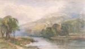 Figures On A Ferry Boat In A Mountainous River Landscape