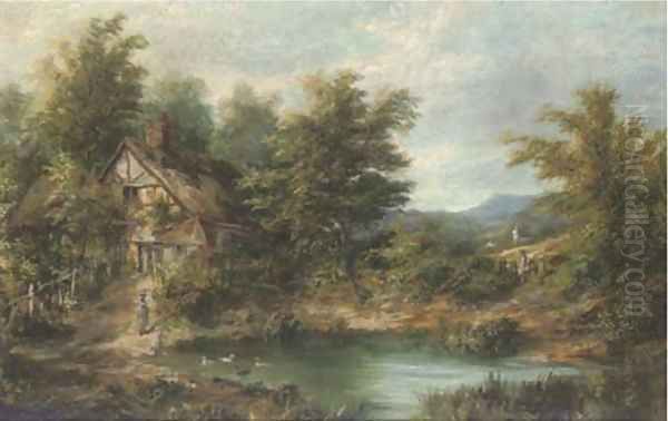 Figures by a pond, with a cottage beyond - view 1