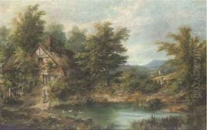 Figures by a pond, with a cottage beyond