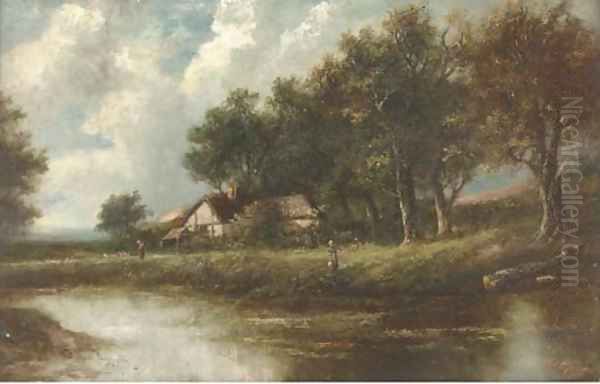 Figures by a river in a wooded landscape - view 1