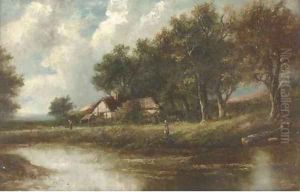 Figures by a river in a wooded landscape
