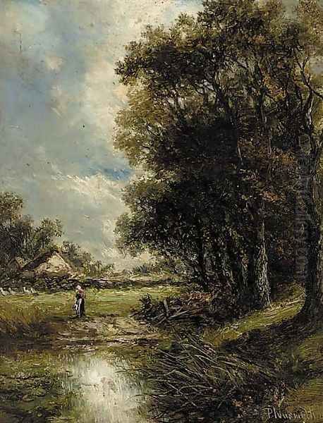 A figure by a pond in a wooded landscape - view 1