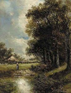 A figure by a pond in a wooded landscape