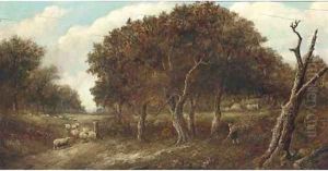 A shepherd with his flock in a wooded landscape