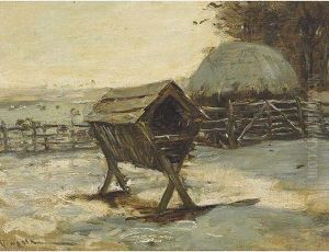 Farmyard With Sheep In A Snowy Pasture by James Lawton Wingate