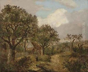 Figures on a wooded path before a cottage
