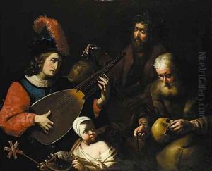 A young man playing a theorbo-lute by Nicolas Tournier