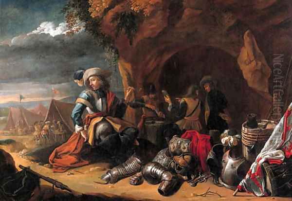 An officer smoking a pipe by a grotto - view 1