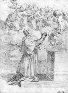 A Bishop Saint praying at an Altar with Angels above by Alessandro Turchi (Orbetto)