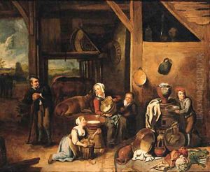 A peasant family in a barn with vegetables and kitchen utensils in the foreground by Gerard Thomas