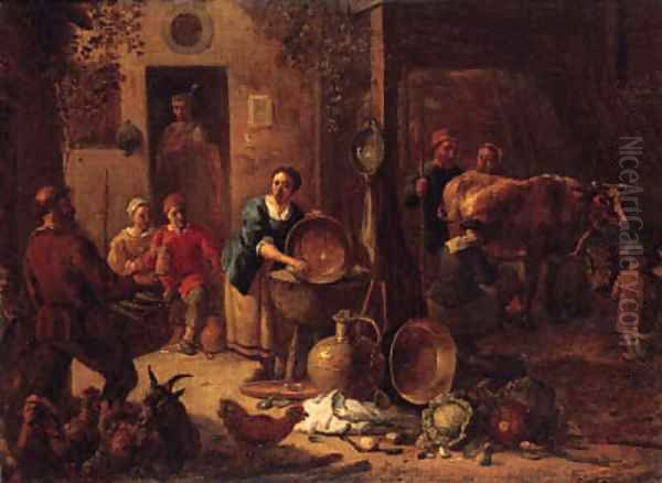 A peasant family in a farmyard with pots and pans, cabbages and poultry, a milkmaid in a stable beyond - view 1