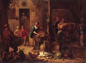A peasant family in a farmyard with pots and pans, cabbages and poultry, a milkmaid in a stable beyond