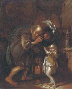 An old man holding a lantern, with a woman and child in an interior