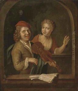 A couple at a casement, the gentleman playing the violin