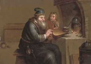 An alchimist with his apprentice by a fire