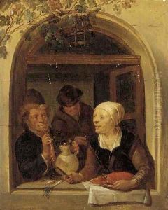Three figures at a casement by Jacob Toorenvliet