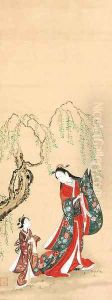 Courtesan hanging a poem slip on a willow branch by Kawamata Tsunetatsu