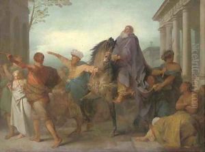 A classical scene with an old man being lead through a city on horseback