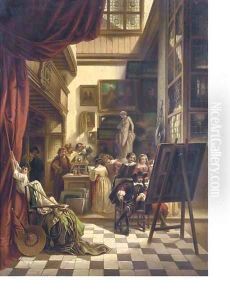 Burgemeester Six aan het atelier van Rembrandt in the atelier by Lodewijk Jan Petrus Toutenel