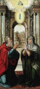 The Meeting of Joachim and Anne at the Golden Gate, with the Immaculate Conception and the Trinity above by School Of Toledo