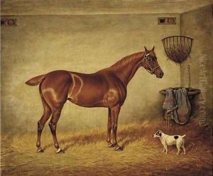 A chestnut racehorse and a Jack Russell in a stable