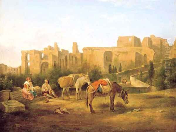 Figures resting before ruins - view 1