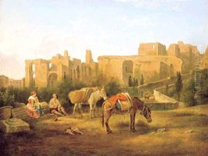 Figures resting before ruins