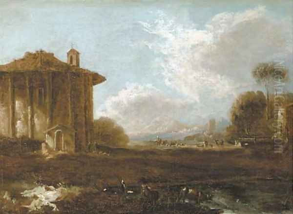 An Italianate landscape with figures strolling near a ruin of a classical temple - view 1