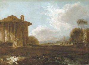An Italianate landscape with figures strolling near a ruin of a classical temple by Carlo Antonio Tavella, Il Solfarola