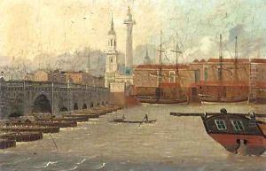 A view of the Thames at New London Bridge, St. Magnus The Martyr and The Monument beyond A view of the Thames at New London Bridge, St. Magnus The Martyr and The Monument beyond