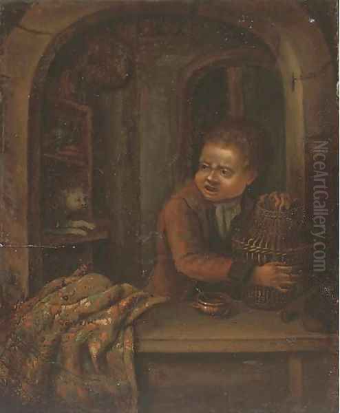 A boy with a birdcage at a casement - view 1