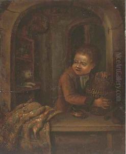 A boy with a birdcage at a casement by Dominicus van Tol
