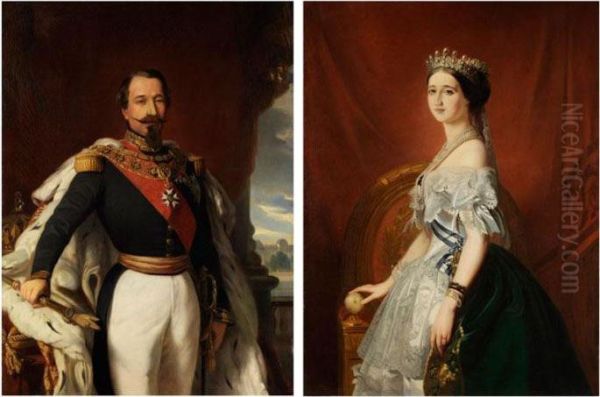 Napoleon Iii. In Uniform Mit Hermelinmantel An Einem
Tisch Mit Krone Und Zepter, Im Hintergrund Das Louvre-schloss - view 1