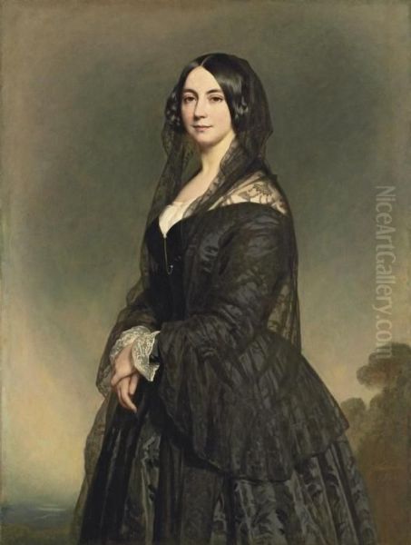 Portrait Of A Lady, 
Three-quarter-length, In A Black Dress With A Black Lace Veil, A 
Landscape Beyond - view 1
