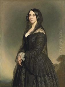 Portrait Of A Lady, 
Three-quarter-length, In A Black Dress With A Black Lace Veil, A 
Landscape Beyond by Franz Xavier Winterhalter