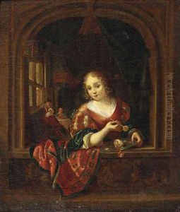 A young woman, standing at a stone window, holding a knife with a slice of lemon above a pewter dish by Dominicus van Tol