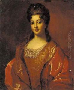 Portrait of a lady, half-length, in a gold brocade dress and red cloak