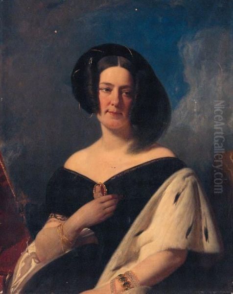 Portrait Of A Lady, Seated 
Half-length, In A Black Dress And Erminewrap, And Feathered Headdress - view 1