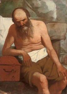 An old man leaning on a casket by Georges de La Tour