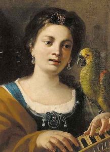 A girl, half-length, playing a keyboard instrument, with a parrot